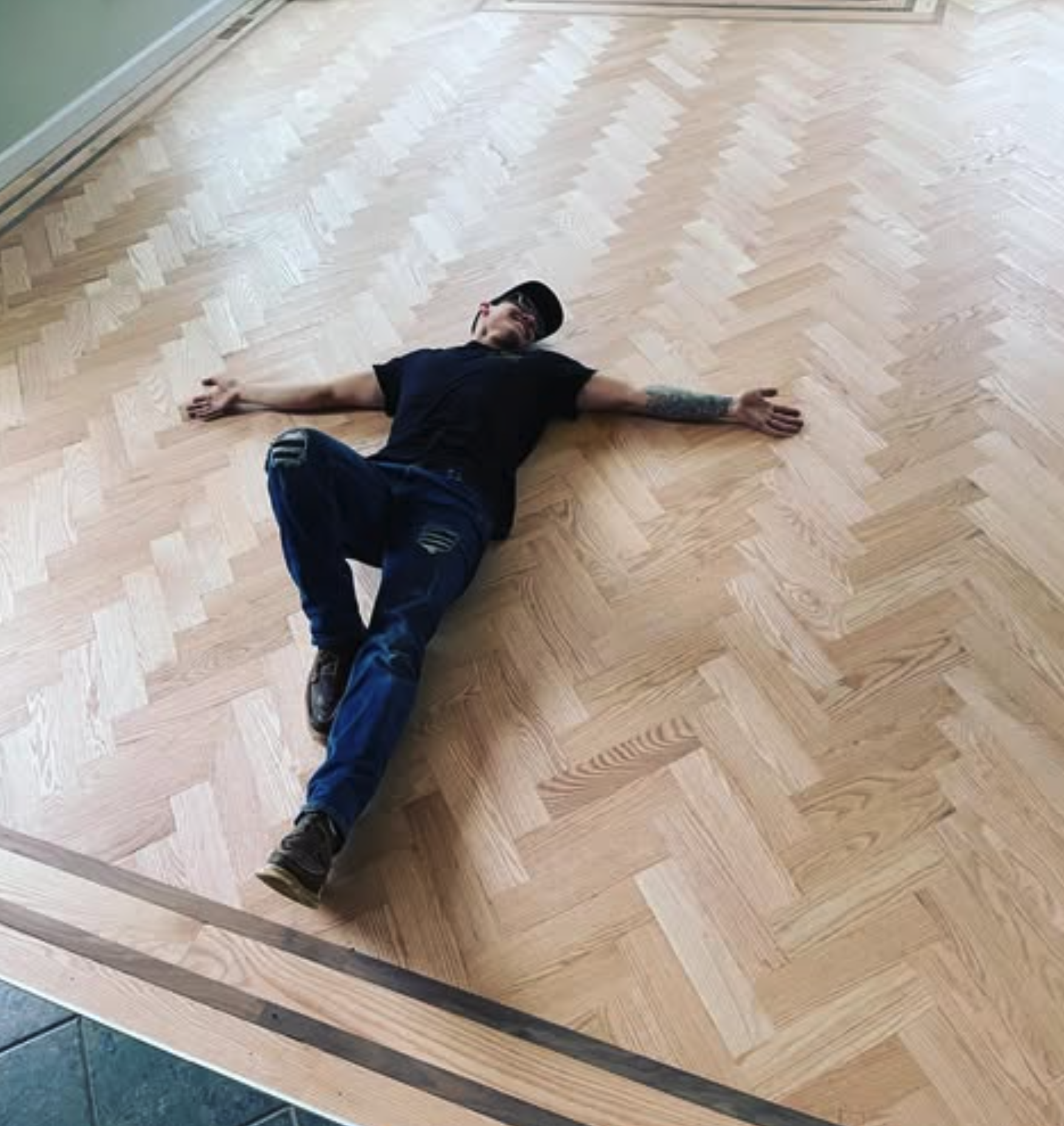 Completed herringbone hardwood floor